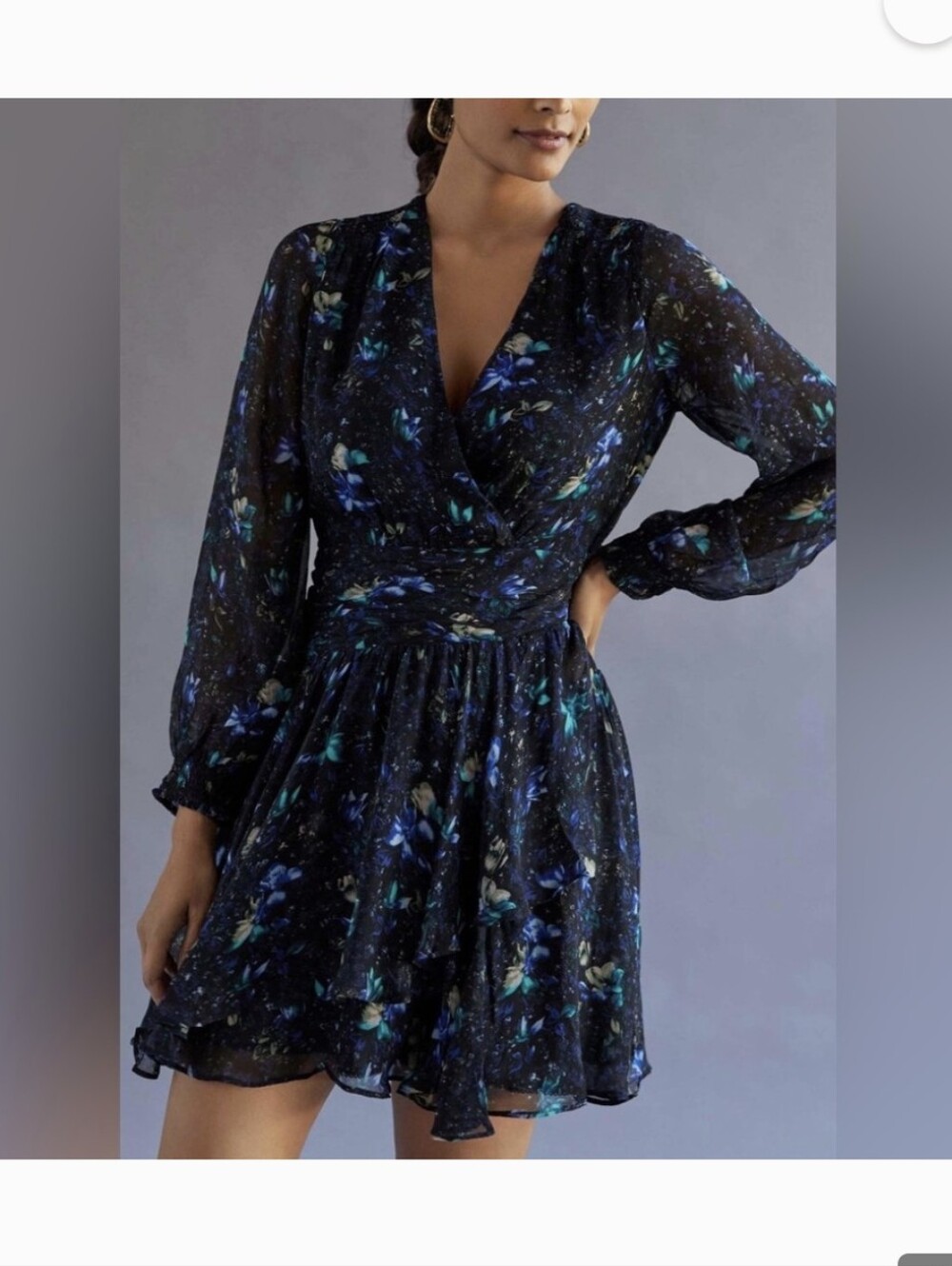 By Anthropologie Black Floral Long-Sleeve V-Neck Dress